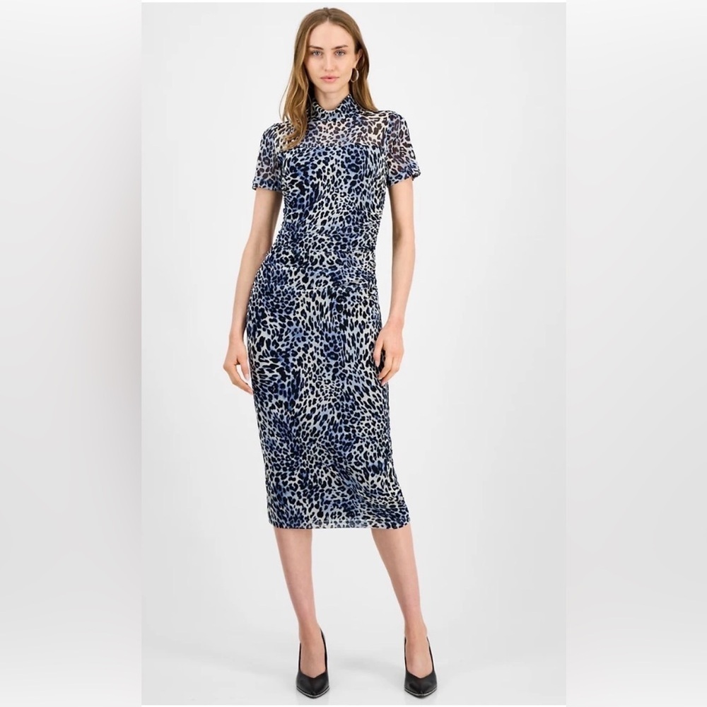Blue Animal Print Leopard Mesh Mock-Neck Midi Dress Small Ruched Bodycon Stretch